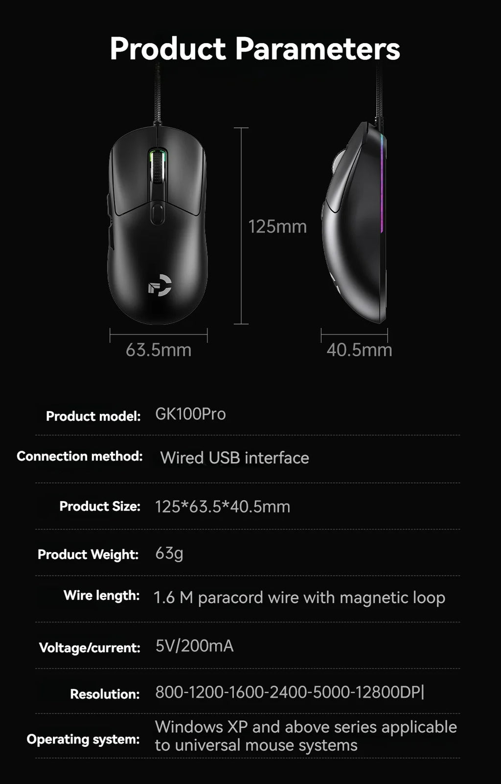 Wired Game Mouse 6 Levels DPI Adjustable Up to 12800DPI Instant A825 Chip RGB Macro Programming Ergonomic Design Universal Mouse
