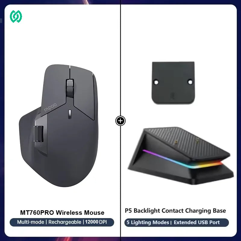 Rapoo MT760PRO Wireless Mouse NearLink + Bluetooth 5.0 Multi-Device 12000 DPI 2K Polling Rate Ergo for Work Gaming Quiet Clicks