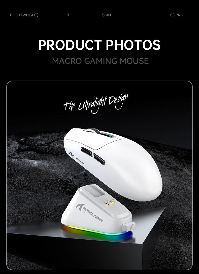Hot Sales ATTACK SHARK G3PRO Gaming Wireless 3-Mode Bluetooth RGB PAW3311 25000dpi 2.4GHz 62g Mouse with Charger for PC/MAC/Wins