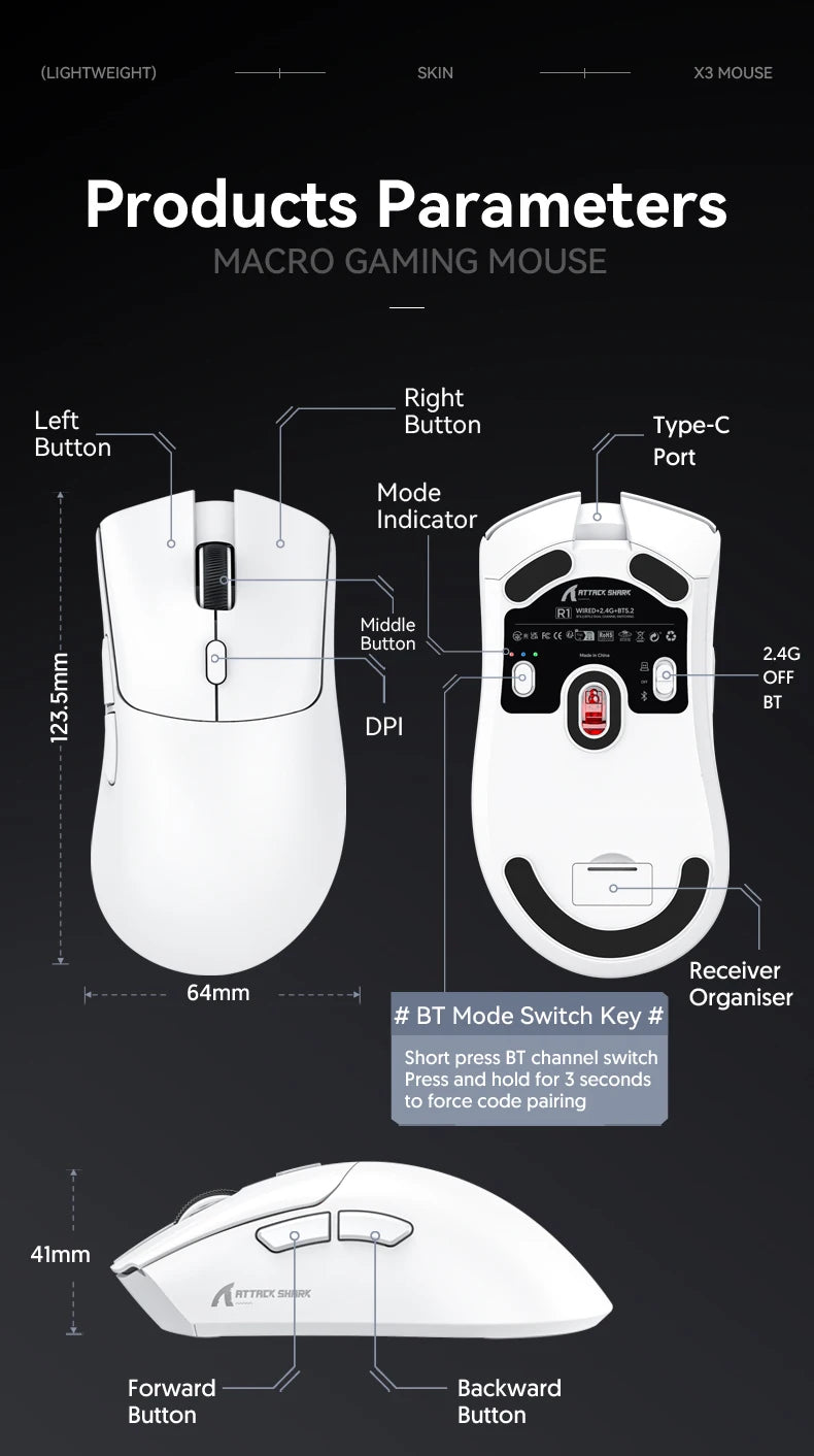 Attack Shark R1 Wireless Gaming Mouse Tri Mode 2.4G Bluetooth Wired 18K DPI 1000Hz PAW3311 Sensor 59g Lightweight Rechargeable