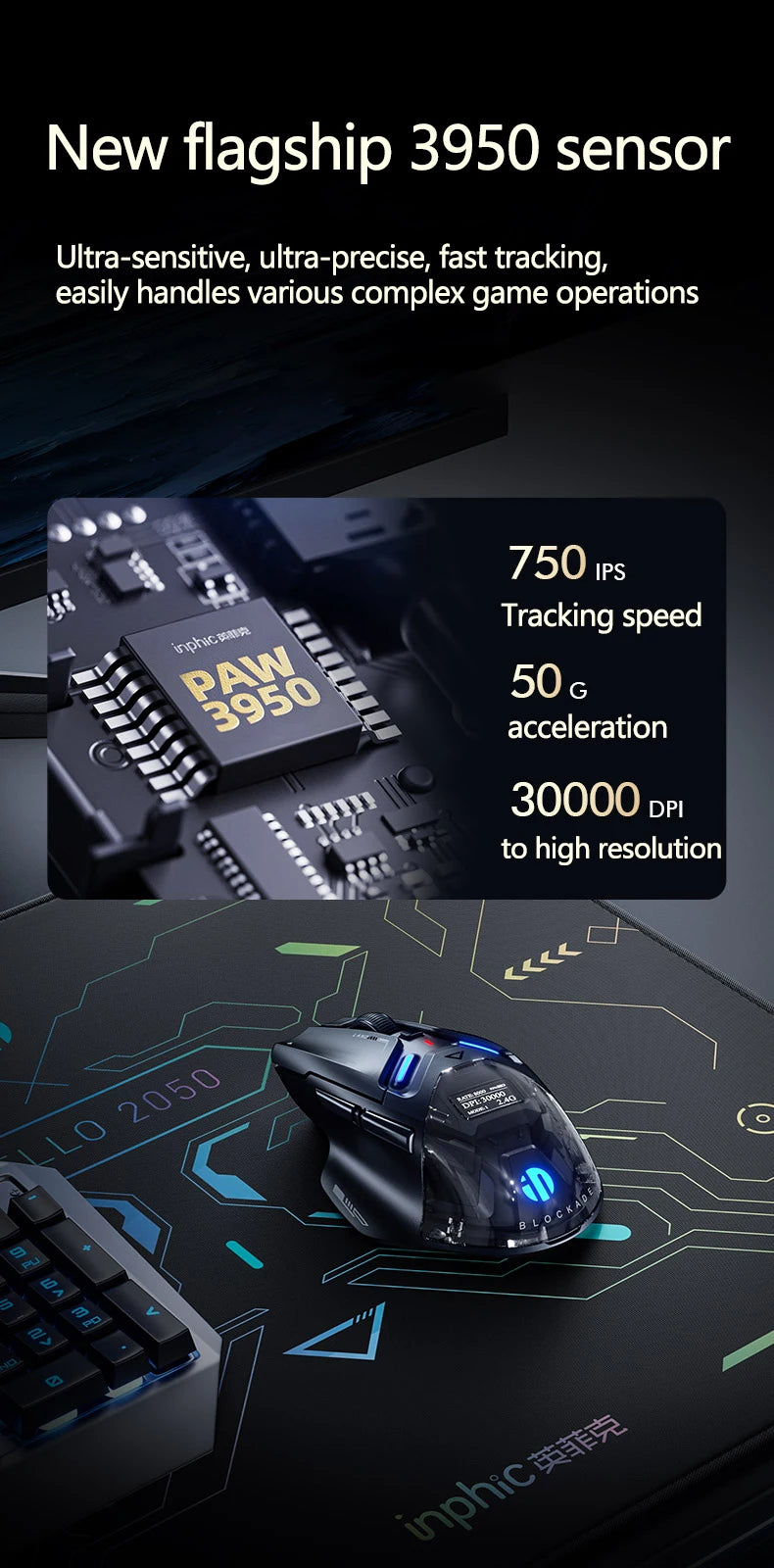 Inphic IN9 Ultra Gaming Mouse PAW3950 Sensor Vibration Feedback OLED Screen Intelligent Display Wireless Mouse Boyfriend's Gift
