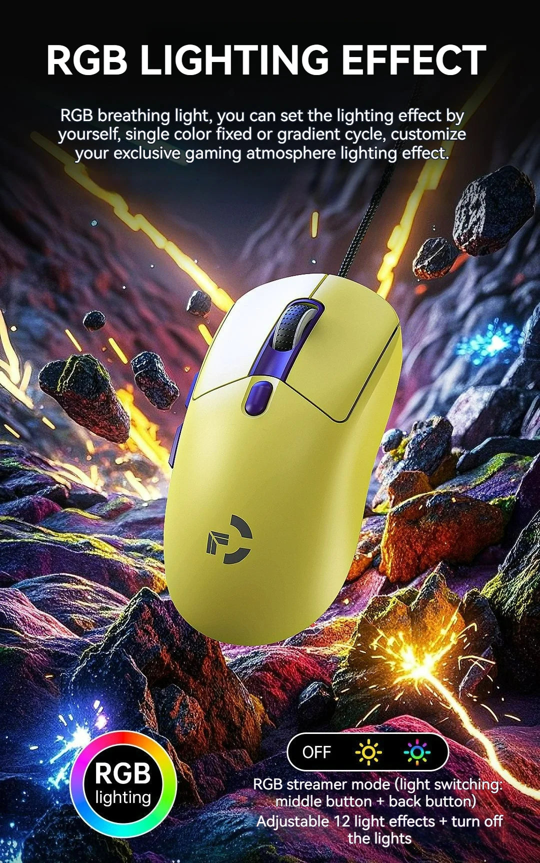 Wired Game Mouse 6 Levels DPI Adjustable Up to 12800DPI Instant A825 Chip RGB Macro Programming Ergonomic Design Universal Mouse