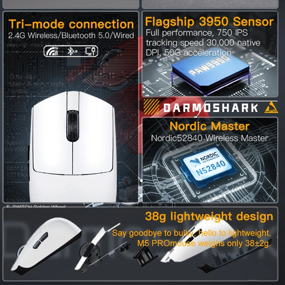 Darmoshark  M5 Pro Mouse PAW3950 Wireless 8K Bluetooth Tri-Mode Connection Gaming Macro Mouse 30000DPI N52840 38g Lightweight
