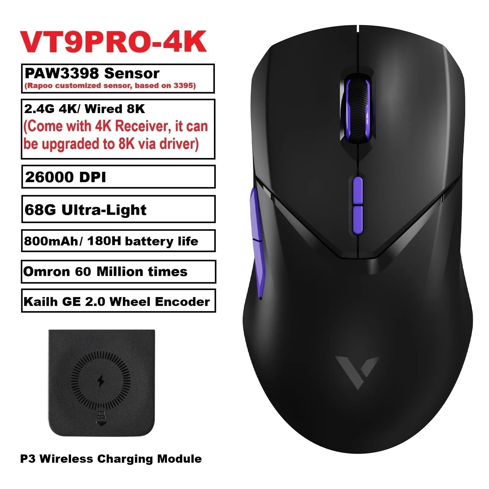 Rapoo VT9PRO Wireless Gaming Mouse Esports Grade 68g Ultra-Light 26000DPI 8 Buttons Optical PAW3398 Computer Mouse For Laptop PC