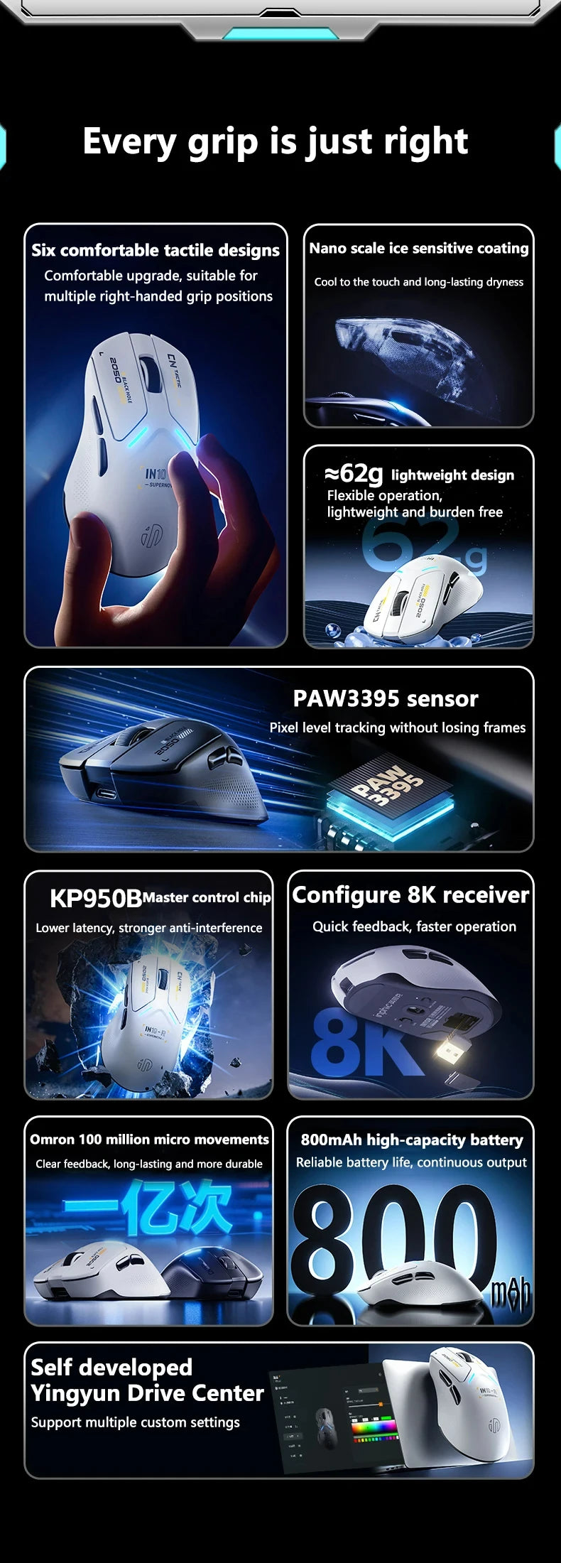 INPHIC IN10R Wireless Three-mode 8K Gaming Mouse PAW3395 Sensor Nano-scale Ice-feeling Coating 800mAh Lightweight Mouse