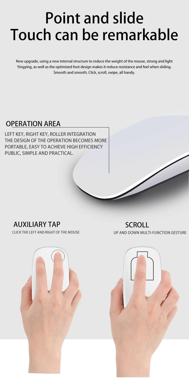 Rechargeable Bluetooth Mouse Magic 3 for MacBook Air/Pro & Win, Ergonomic Multi-Touch BT5.0 Wireless Slim Rechargeable Mouse