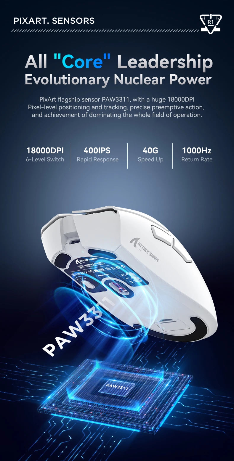 Attack Shark R1 Wireless Gaming Mouse Tri Mode 2.4G Bluetooth Wired 18K DPI 1000Hz PAW3311 Sensor 59g Lightweight Rechargeable
