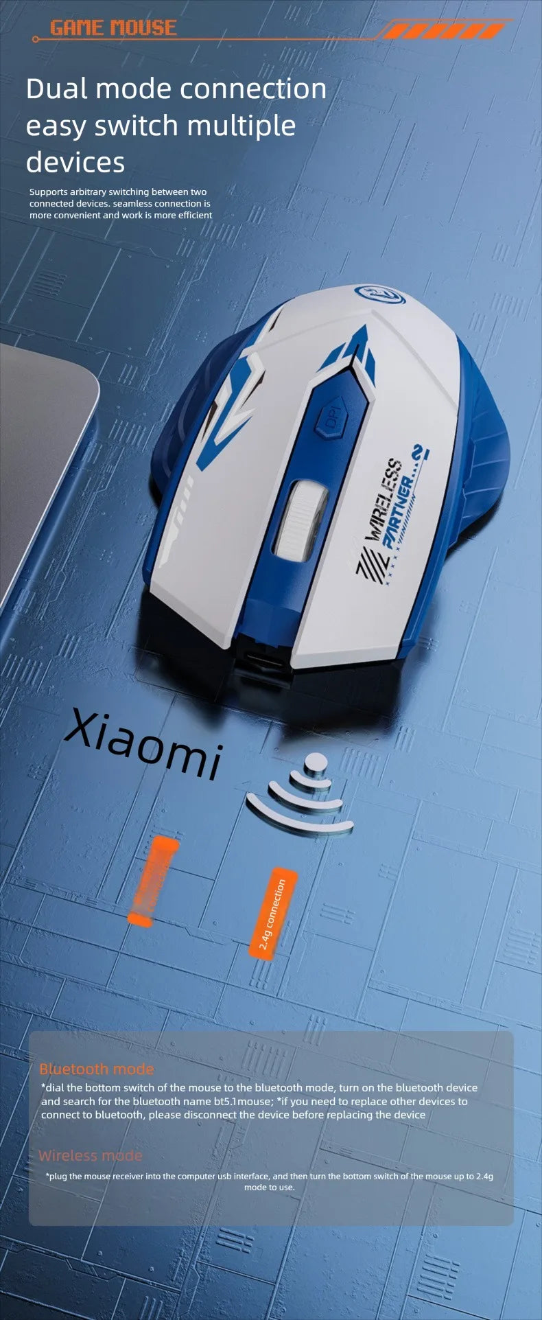 Wireless Mouse Dual Mode 2.4G Bluetooth-compatible Rechargeable Glow Mouse Noiseless Cordless Computer Mice for PC Laptop