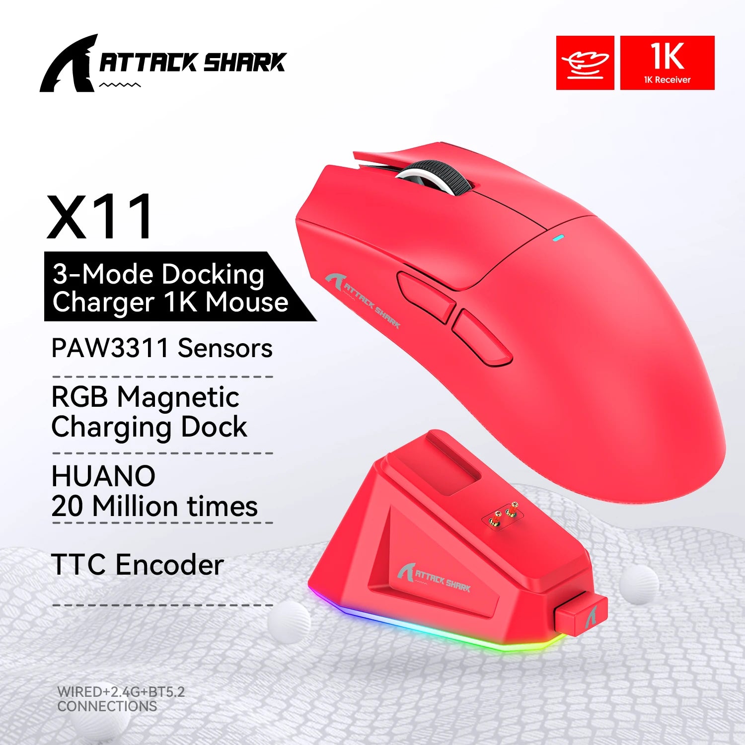 Attack Shark X11 Black Bluetooth Wireless Mouse Three Mode 2.4G PAW3311  RGB  PC Magnetic charging dock ,Gaming E-sports Mouse