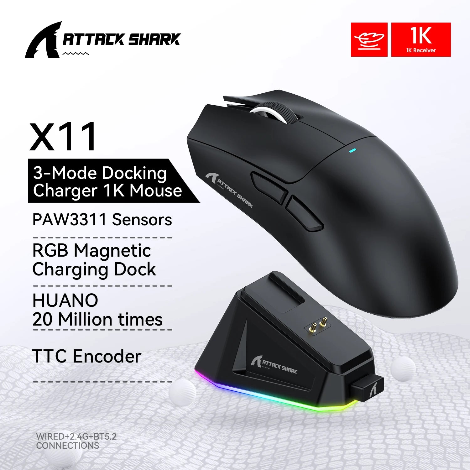 Attack Shark X11 X6 X3 R1 Wireless Gaming Mouse, RGB, Ergonomic, Macro Functions, Ultra-Light, Tri-Mode Bluetooth 2.4G Wired