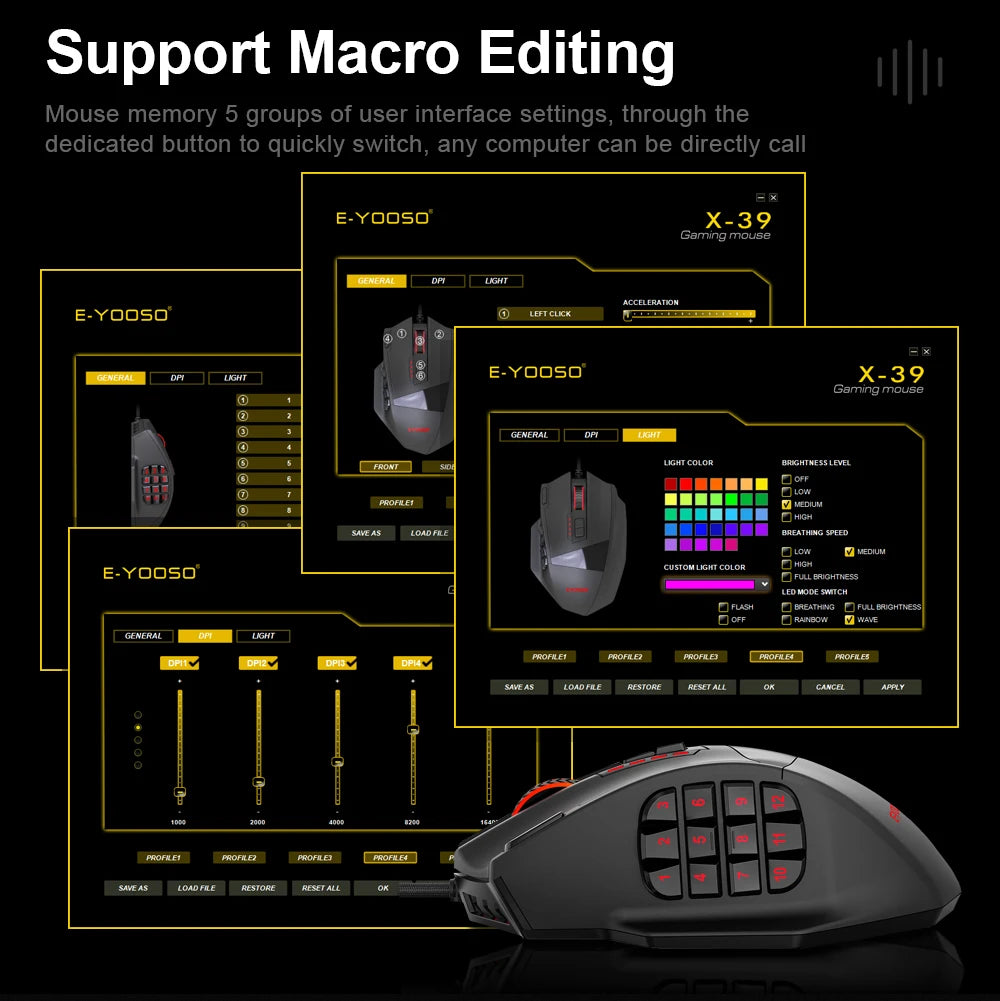 E-YOOSO X-39 USB Wired RGB Gaming Mouse 16400 DPI PAW3327 19 Buttons Programmable Game Optical Mice for Computer PC Laptop