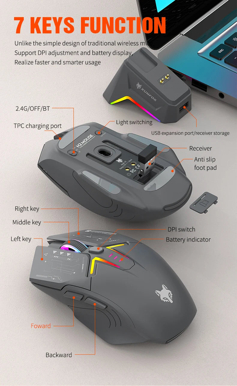 XUNFOX H2 wireless Bluetooth mouse RGB magnetic charging dual-mode e-sports game desktop laptop universal