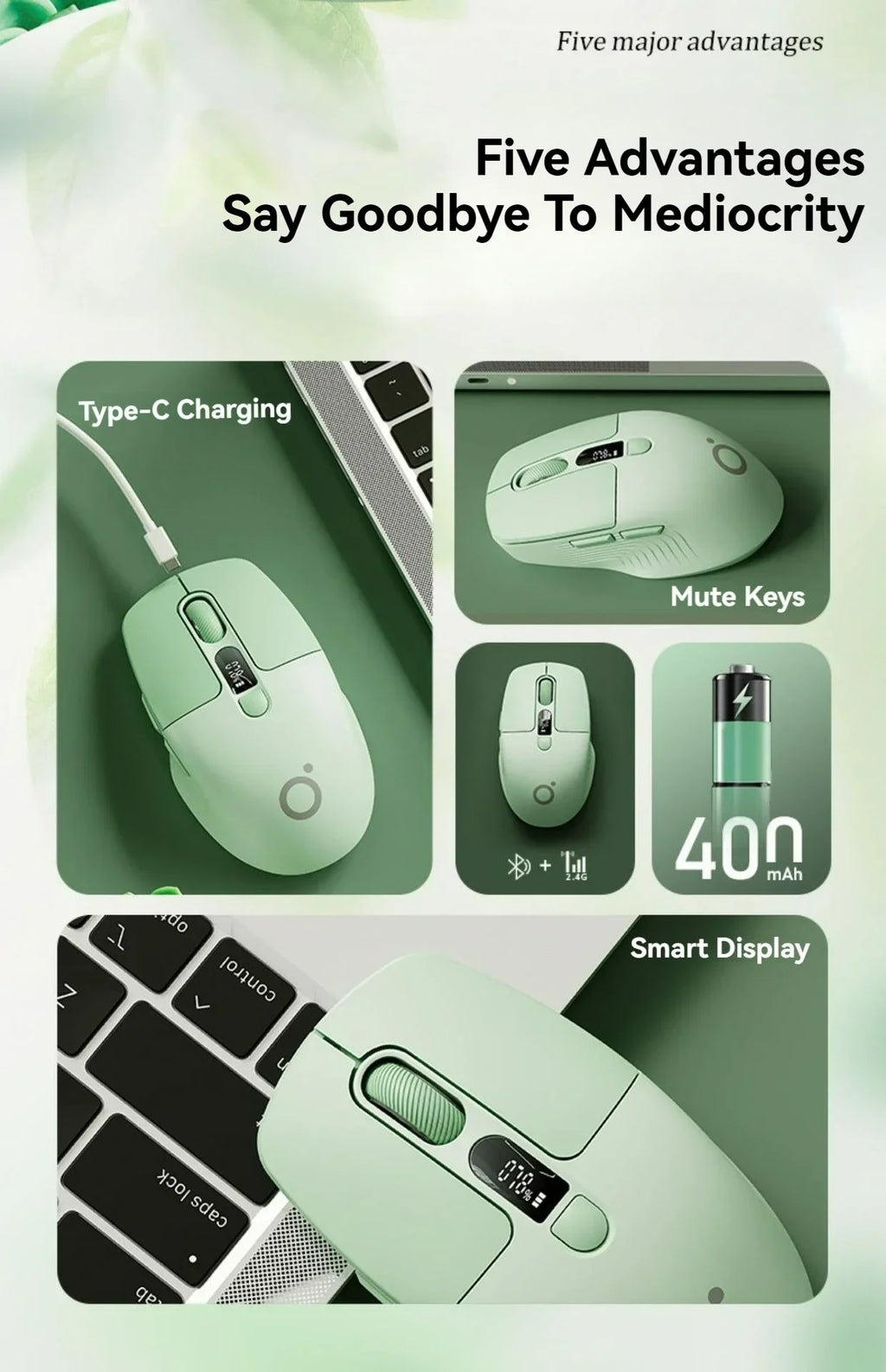 Eweadn Q1 2.4 Wireless Bluetooth Dual-Mode Mouse 1600PDI Smart Screen Esports Silent Rechargeable Gaming Mouse Accessories