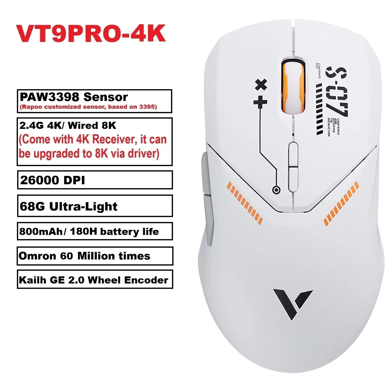 Rapoo VT9PRO Wireless Gaming Mouse Esports Grade 68g Ultra-Light 26000DPI 8 Buttons Optical PAW3398 Computer Mouse For Laptop PC