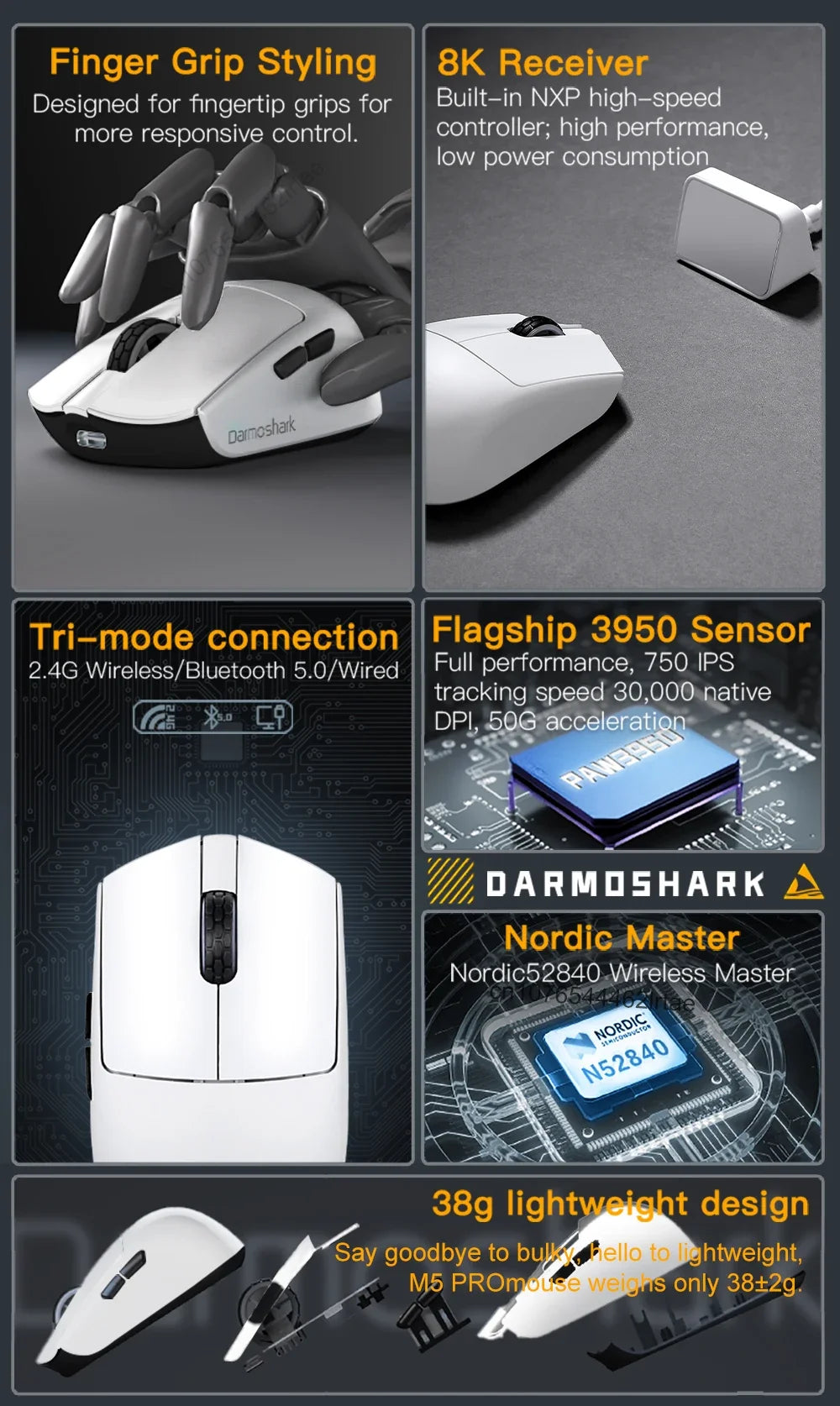 Darmoshark  M5 Pro Mouse PAW3950 Wireless 8K Bluetooth Tri-Mode Connection Gaming Macro Mouse 30000DPI N52840 38g Lightweight