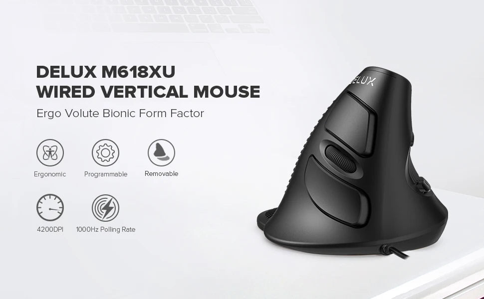 Delux M618 BU Ergonomic Vertical Mouse 6 Buttons 800/1200/1600 DPI Optical Right Hand Mice with Wrist mat For PC Laptop