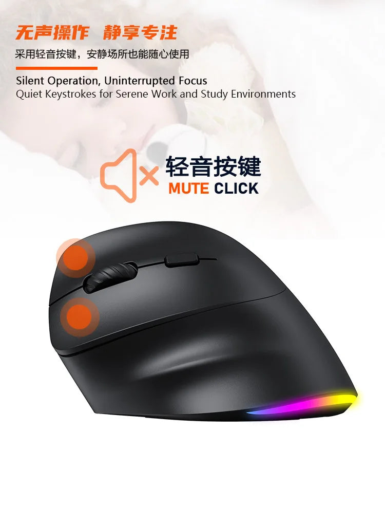 Meetion Mishen Left-Handed Ergonomic Vertical Wireless Mouse Black Light Version Rechargeable Btm010 DPI 2400 Bluetooth