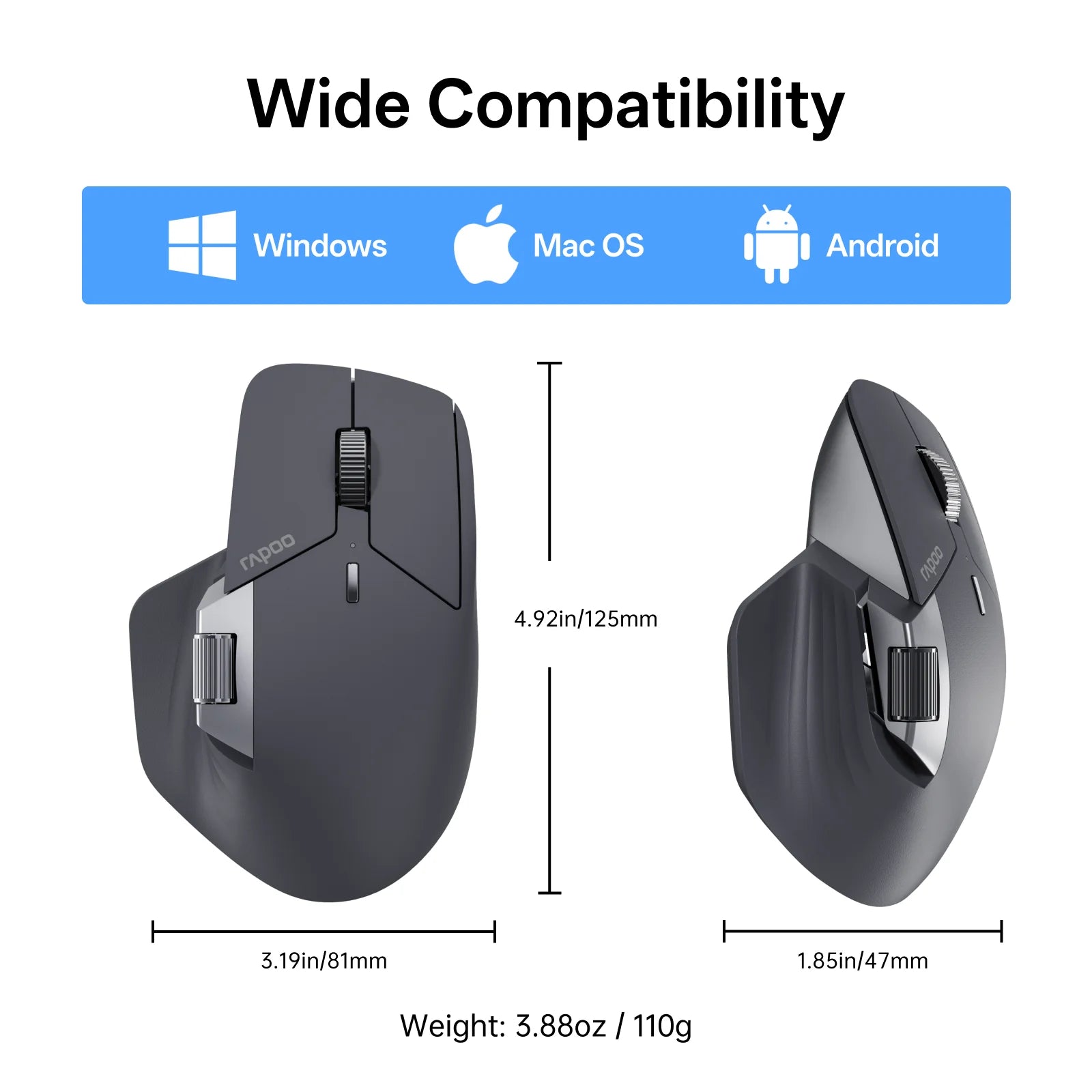 Rapoo MT760PRO Wireless Mouse NearLink + Bluetooth 5.0 Multi-Device 12000 DPI 2K Polling Rate Ergo for Work Gaming Quiet Clicks