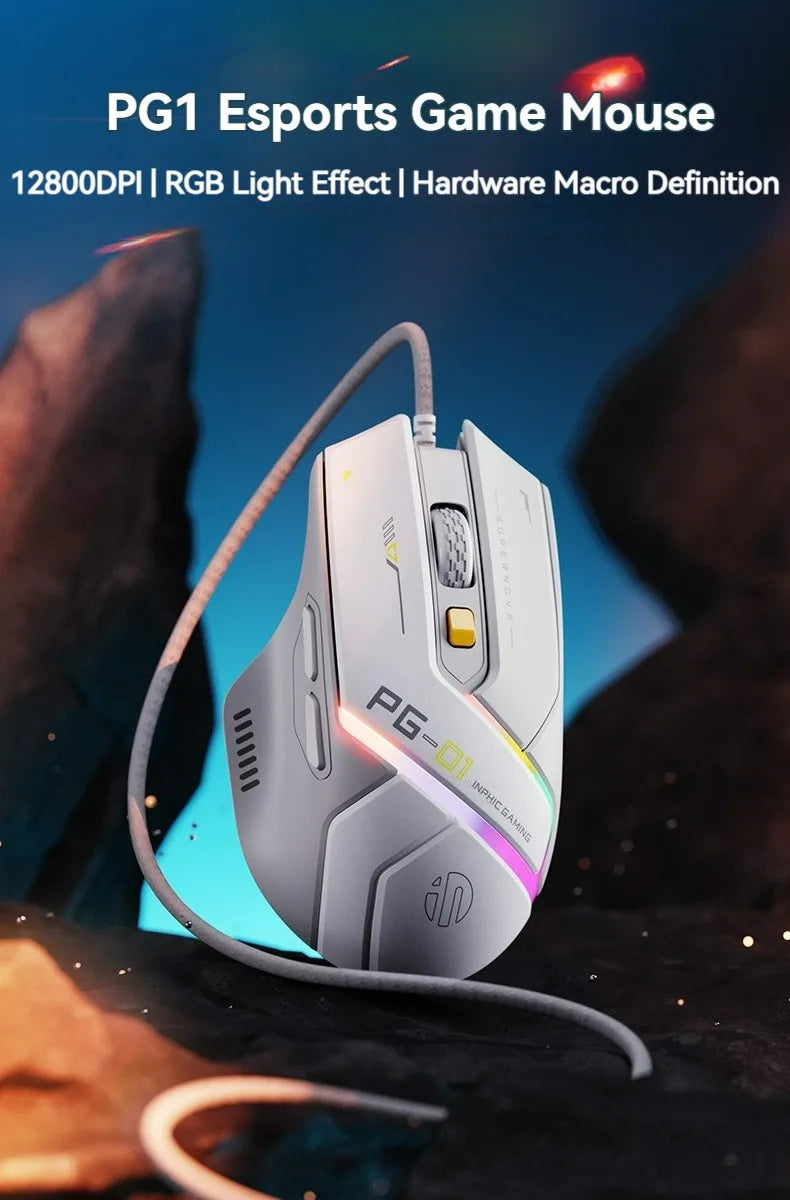 Inphic Pg1 Wired Mouse Gaming Mouse RGB Light Emitting   Macro Programming 12800DPI  6 Keys Computer Mouse 1000hz Polling Rate