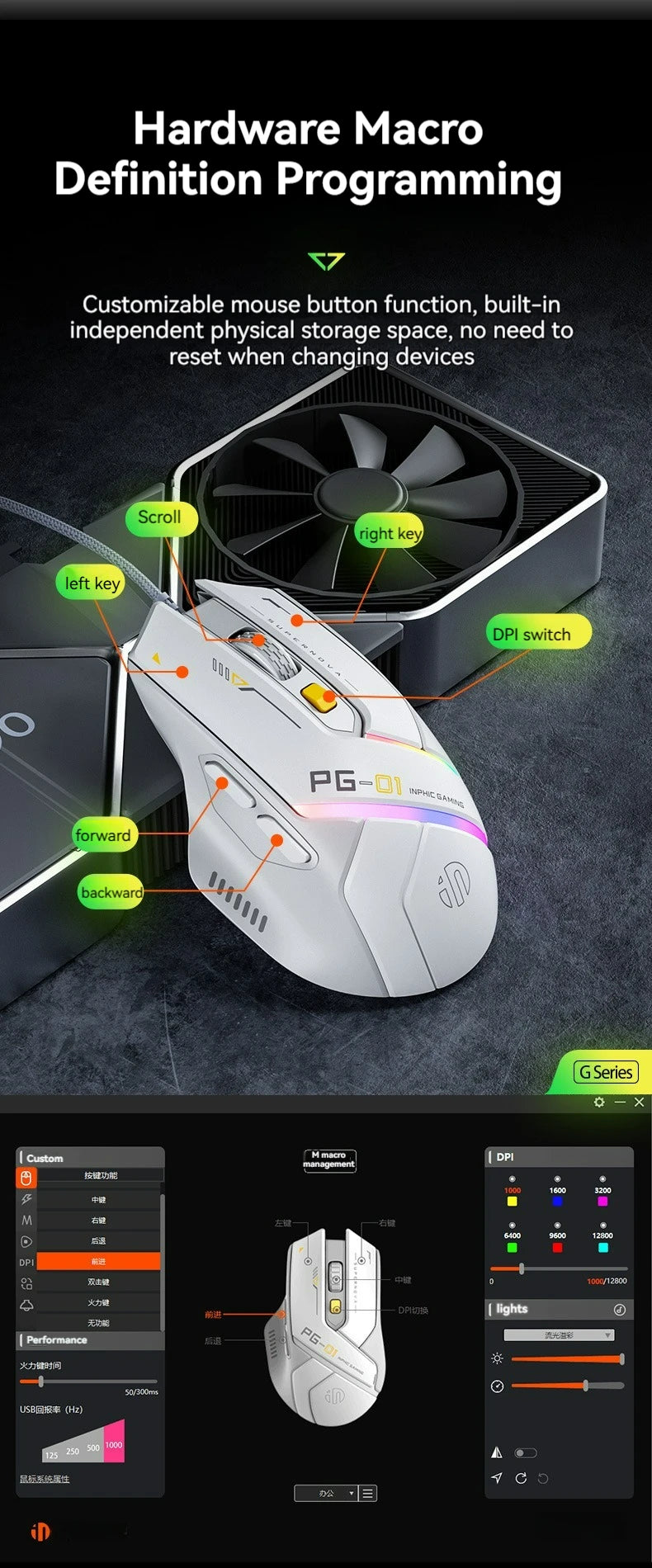 Inphic Pg1 Wired Mouse Gaming Mouse RGB Light Emitting   Macro Programming 12800DPI  6 Keys Computer Mouse 1000hz Polling Rate