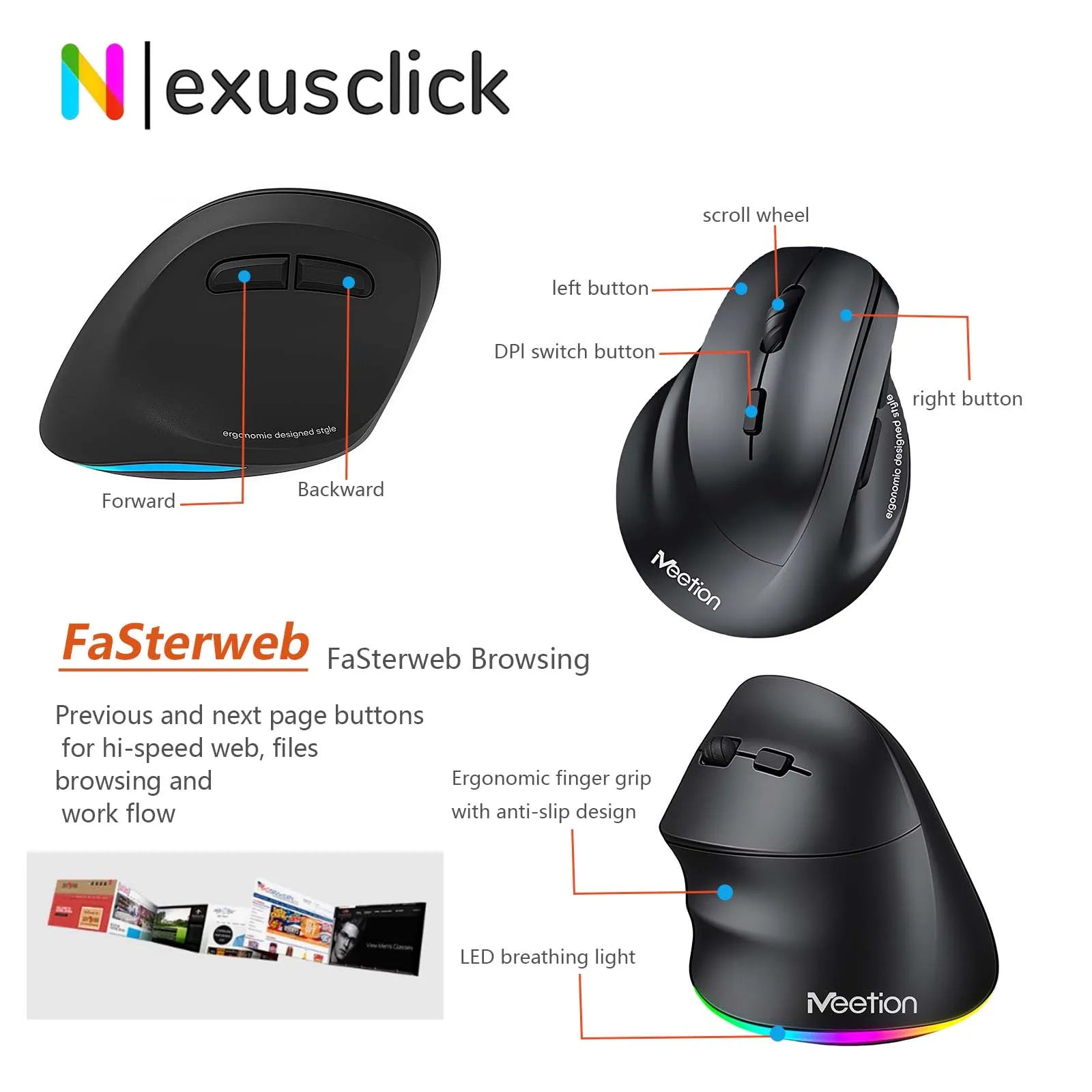 Meetion Mishen Left-Handed Ergonomic Vertical Wireless Mouse Black Light Version Rechargeable Btm010 DPI 2400 Bluetooth
