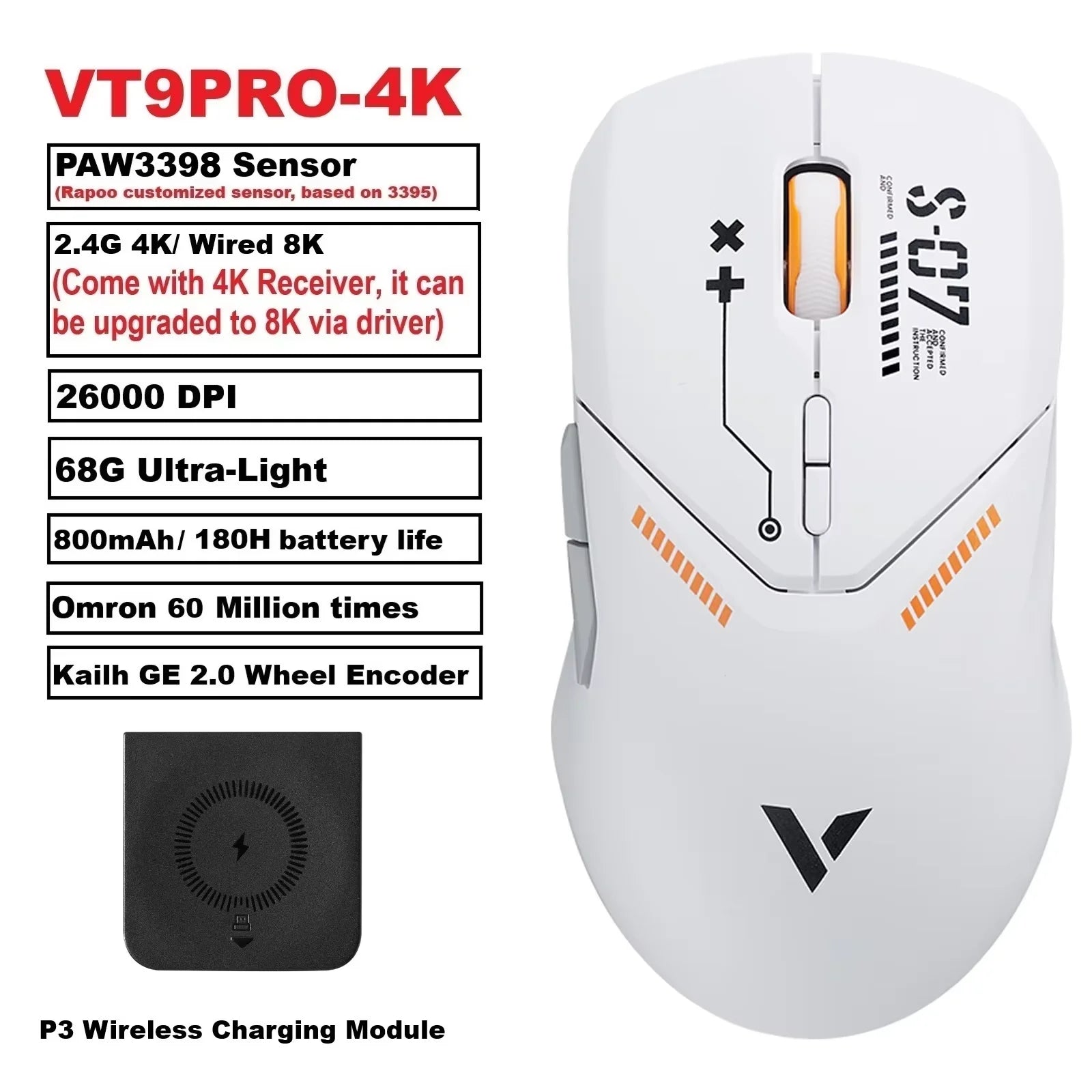Rapoo VT9PRO Wireless Gaming Mouse Esports Grade 68g Ultra-Light 26000DPI 8 Buttons Optical PAW3398 Computer Mouse For Laptop PC