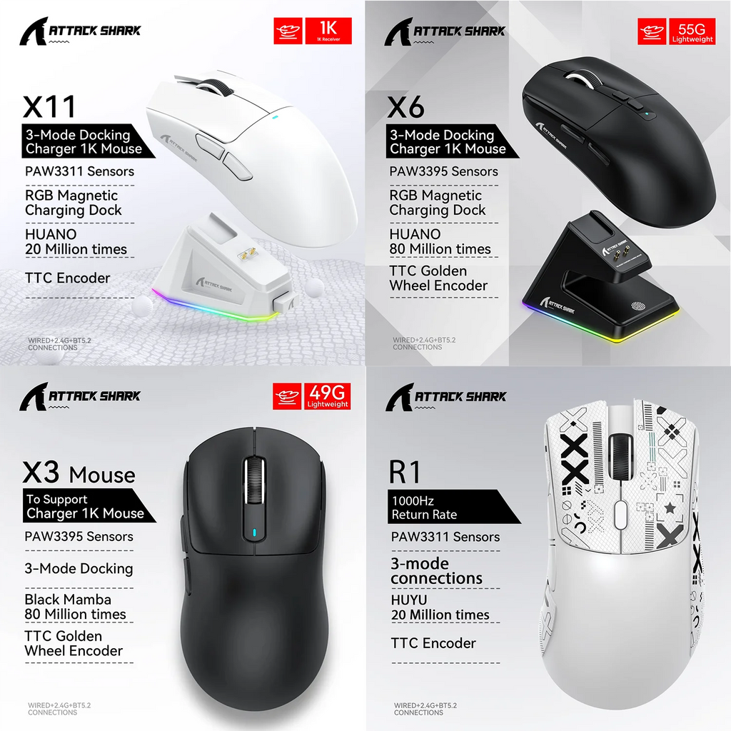 Attack Shark X11 X6 X3 R1 Wireless Gaming Mouse, RGB, Ergonomic, Macro Functions, Ultra-Light, Tri-Mode Bluetooth 2.4G Wired