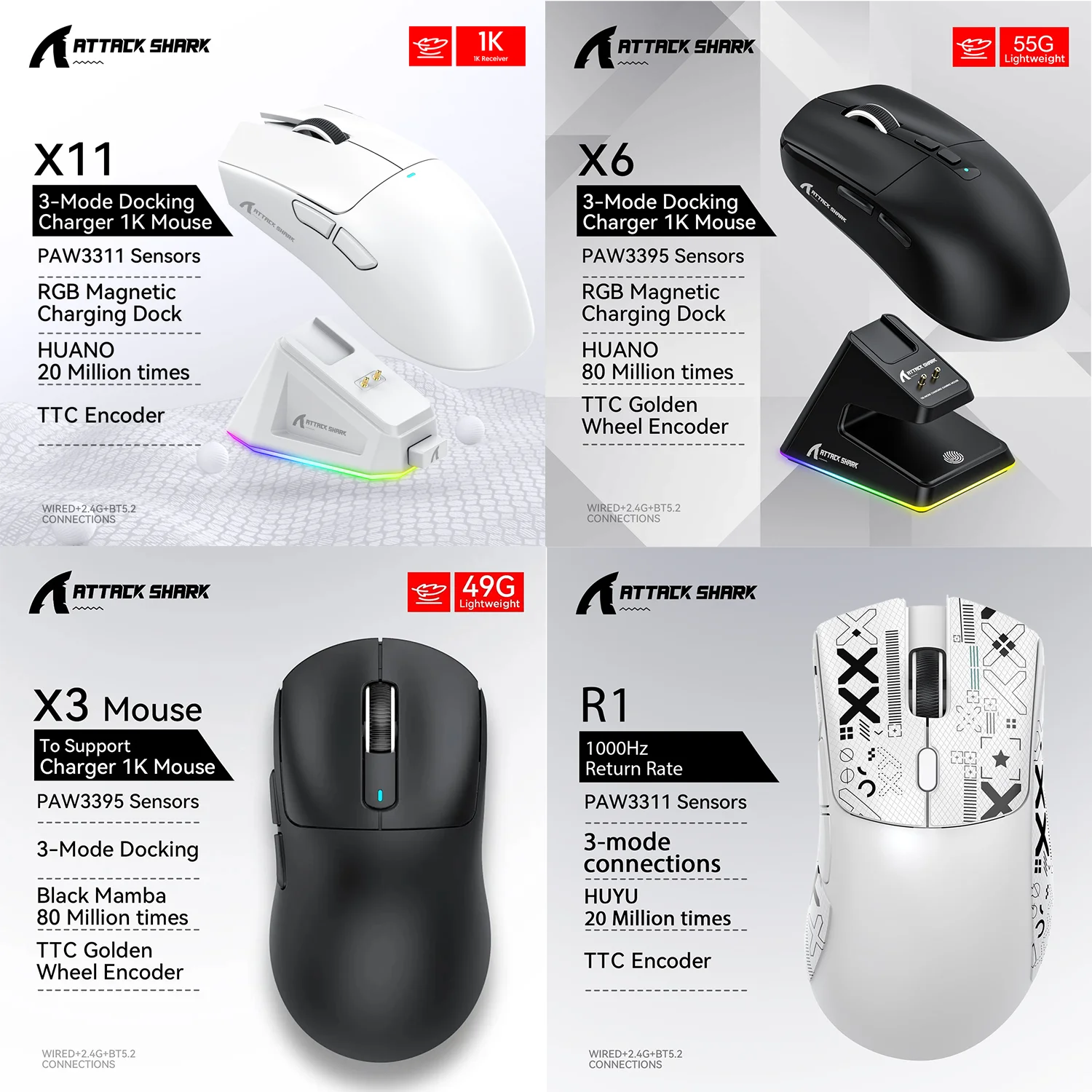 Attack Shark X11 X6 X3 R1 Wireless Gaming Mouse, RGB, Ergonomic, Macro Functions, Ultra-Light, Tri-Mode Bluetooth 2.4G Wired