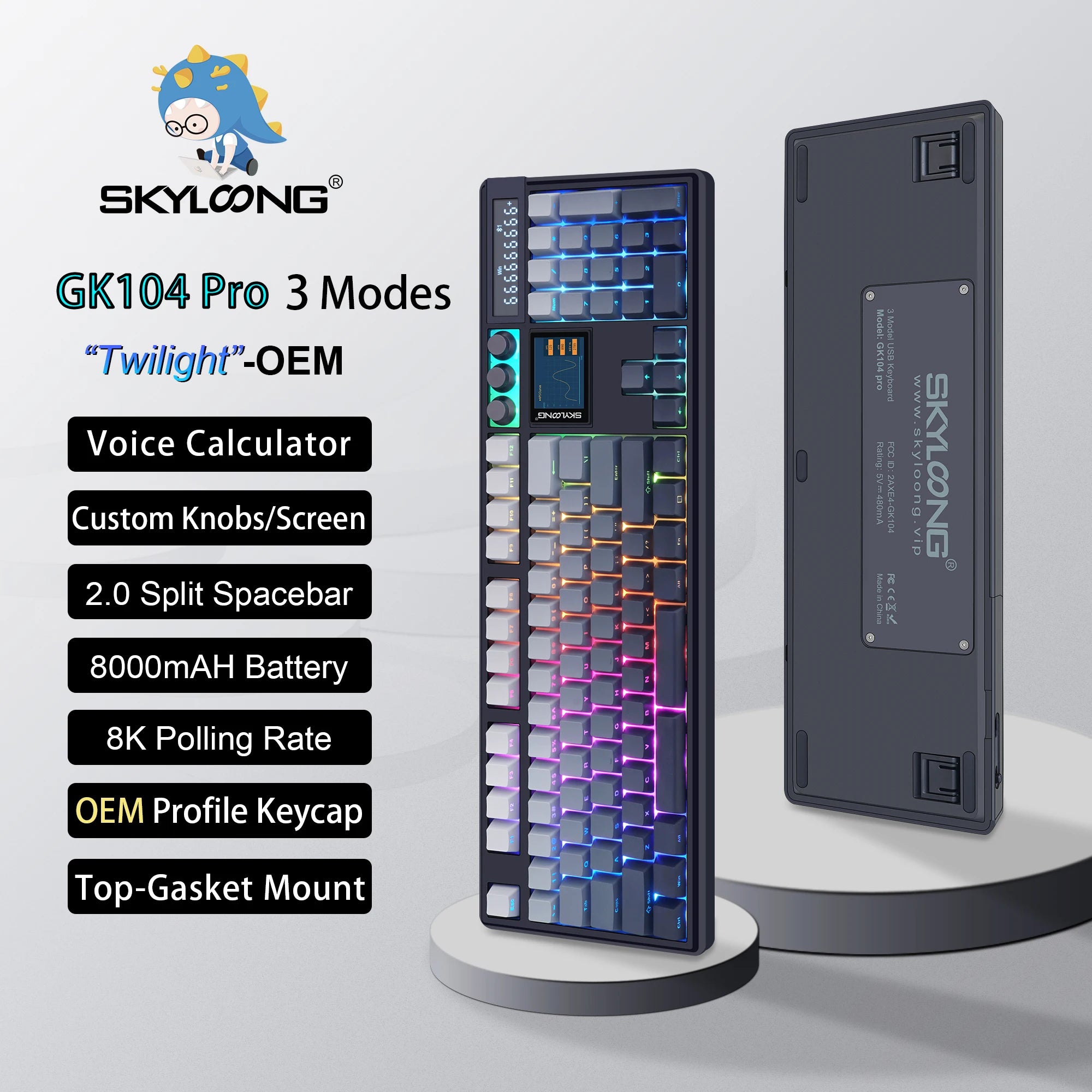 SKYLOONG GK104 Pro Wireless Mechanical Keyboar Full-Size Keyboard Screen&3Knobs RGB Backlit Voice Calculator 8K Polling Rate