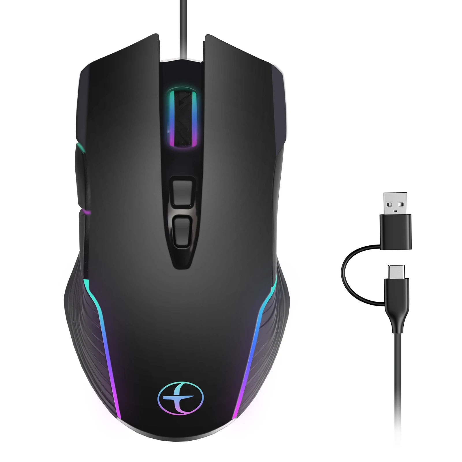 Ergonomic Dual USB-C/USB-A Interface Wired Gaming Mouse with Mouse Jiggler/Backlit,7200DPI Adjustable Optical Mice for Win/Mac