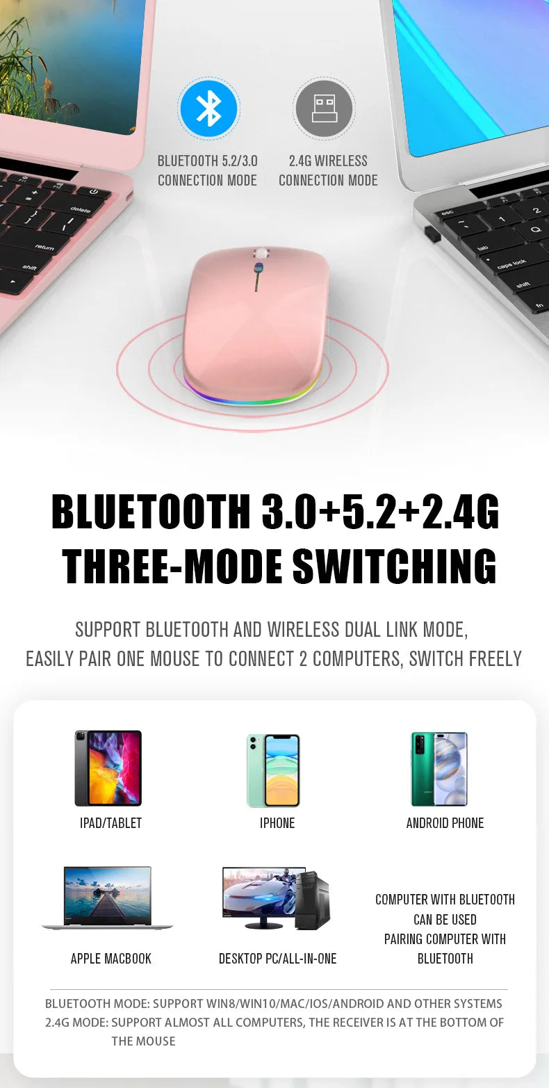 Tablet Phone Computer Bluetooth Wireless Mouse Rechargeable RGB Backlight Mice for iPad PC Laptop Tablet Phone 2.4GHz USB Mouse