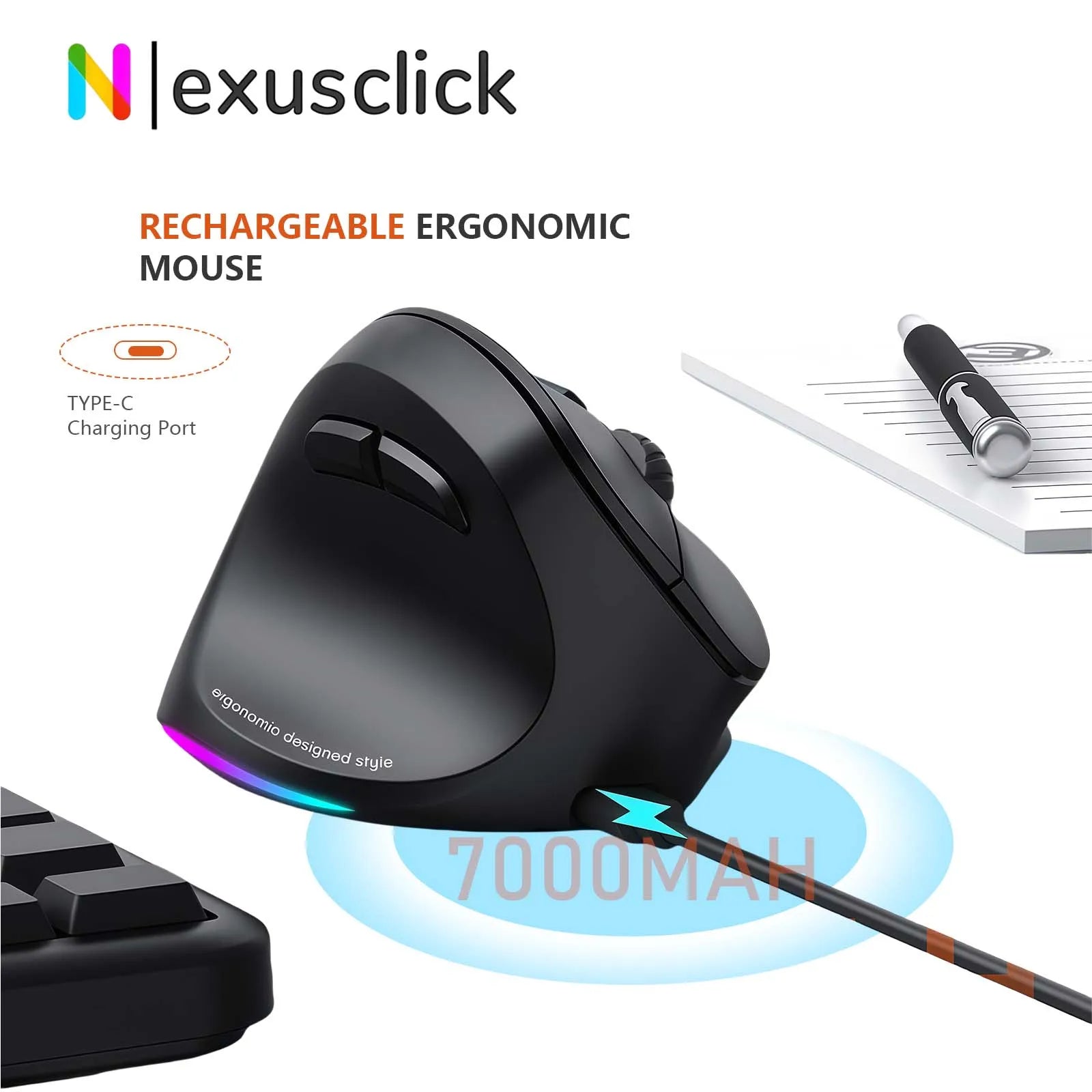 Meetion Mishen Left-Handed Ergonomic Vertical Wireless Mouse Black Light Version Rechargeable Btm010 DPI 2400 Bluetooth