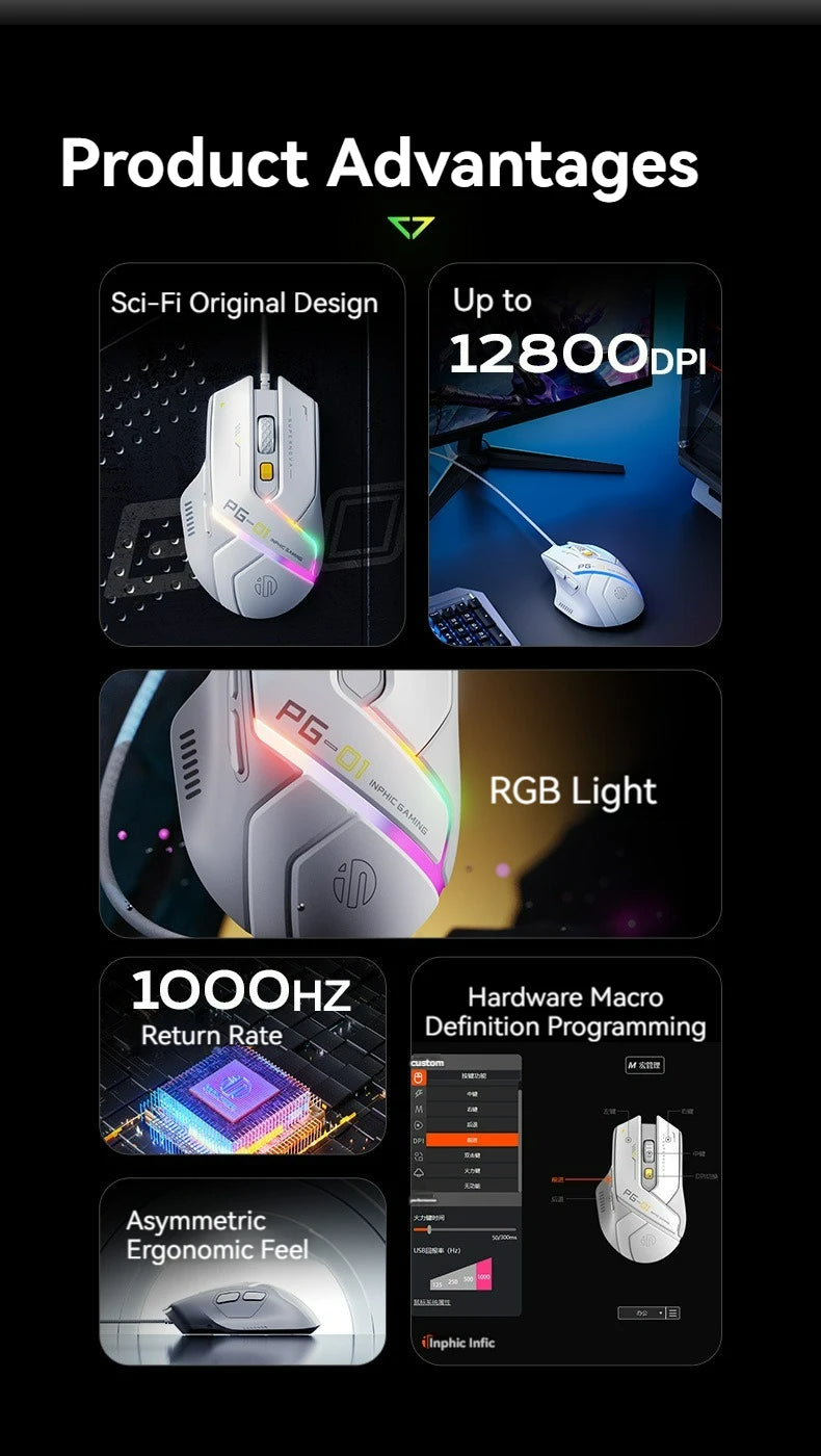 Inphic Pg1 Wired Mouse Gaming Mouse RGB Light Emitting   Macro Programming 12800DPI  6 Keys Computer Mouse 1000hz Polling Rate