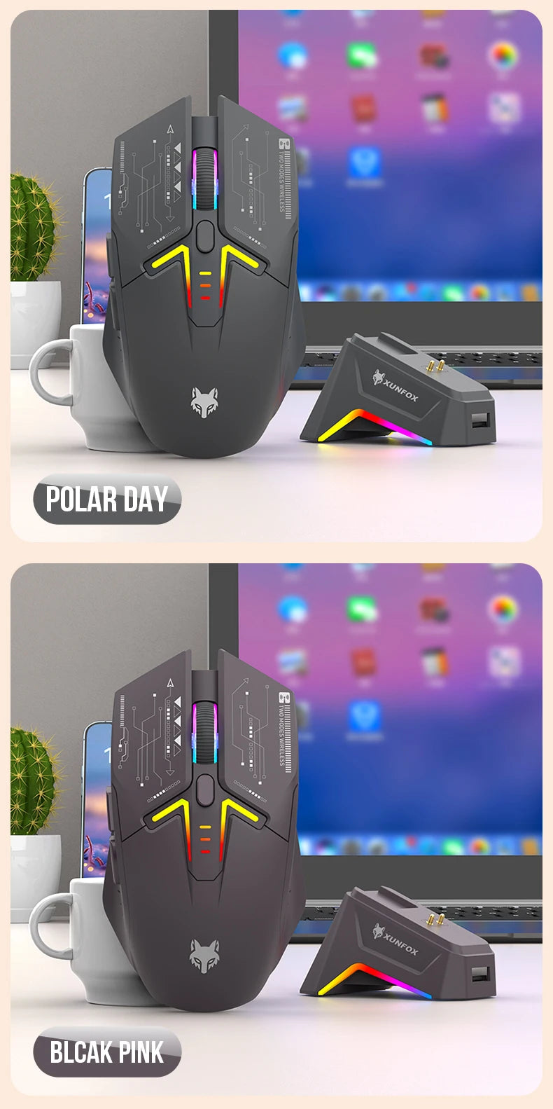 XUNFOX H2 wireless Bluetooth mouse RGB magnetic charging dual-mode e-sports game desktop laptop universal