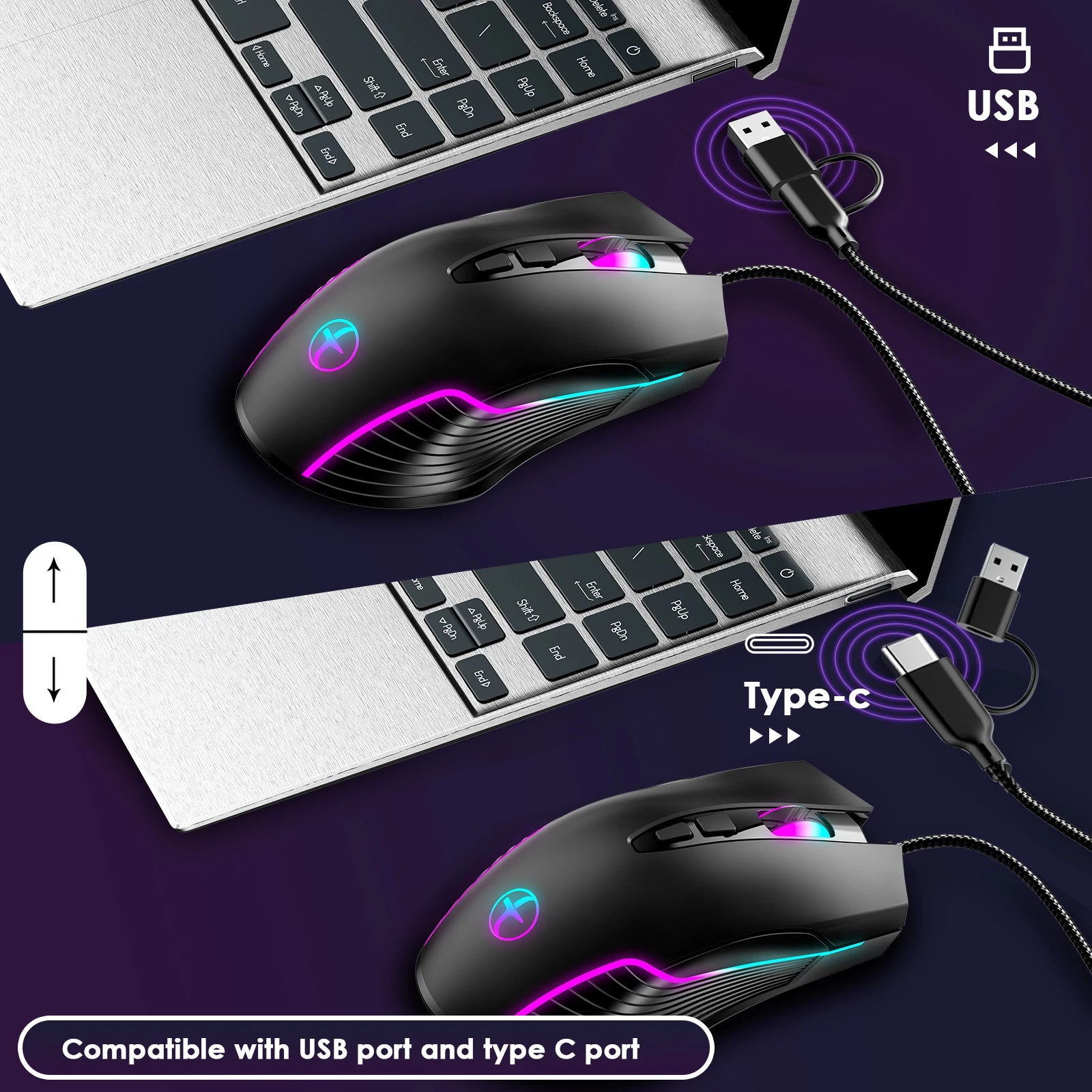 Ergonomic Dual USB-C/USB-A Interface Wired Gaming Mouse with Mouse Jiggler/Backlit,7200DPI Adjustable Optical Mice for Win/Mac