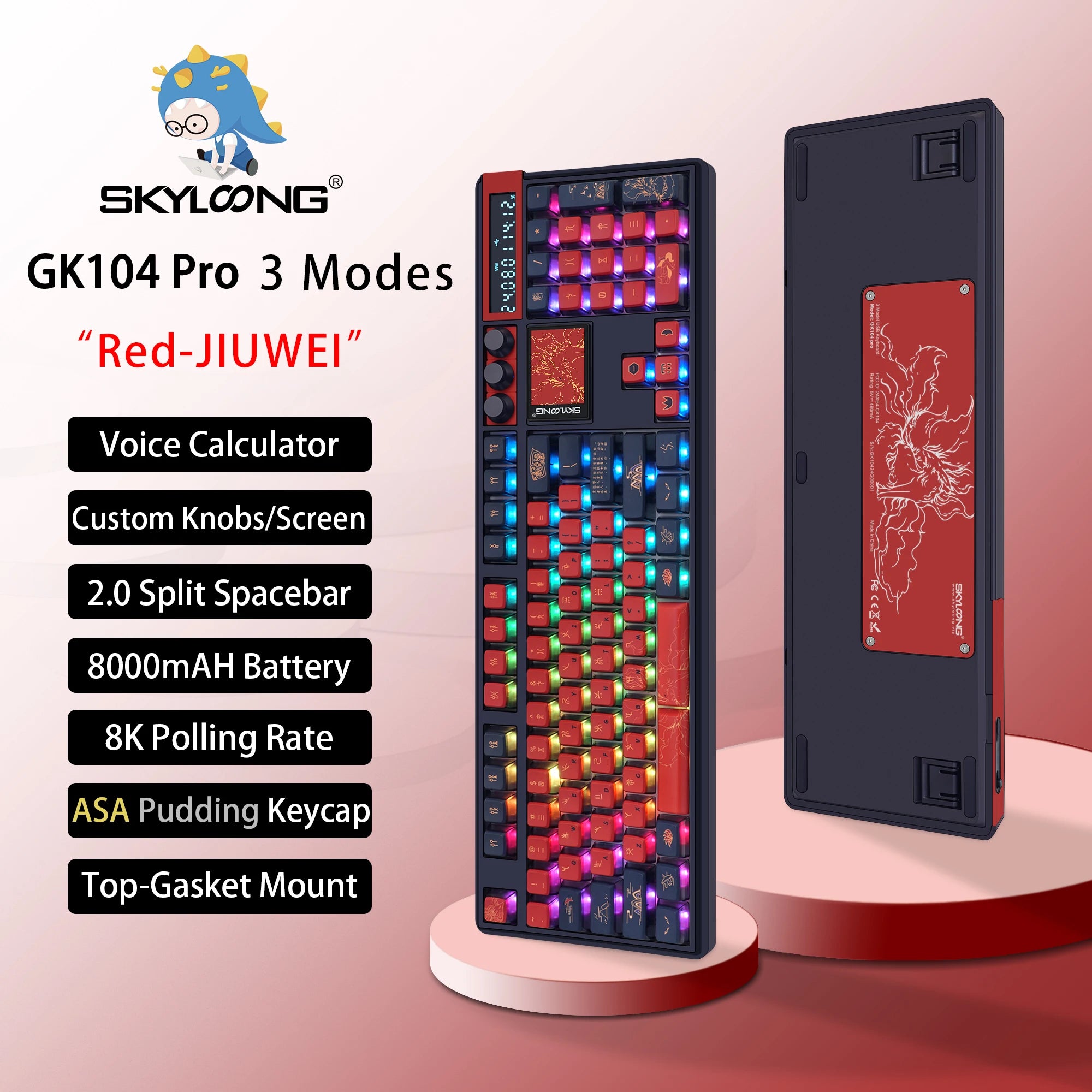 SKYLOONG GK104 Pro Wireless Mechanical Keyboar Full-Size Keyboard Screen&3Knobs RGB Backlit Voice Calculator 8K Polling Rate