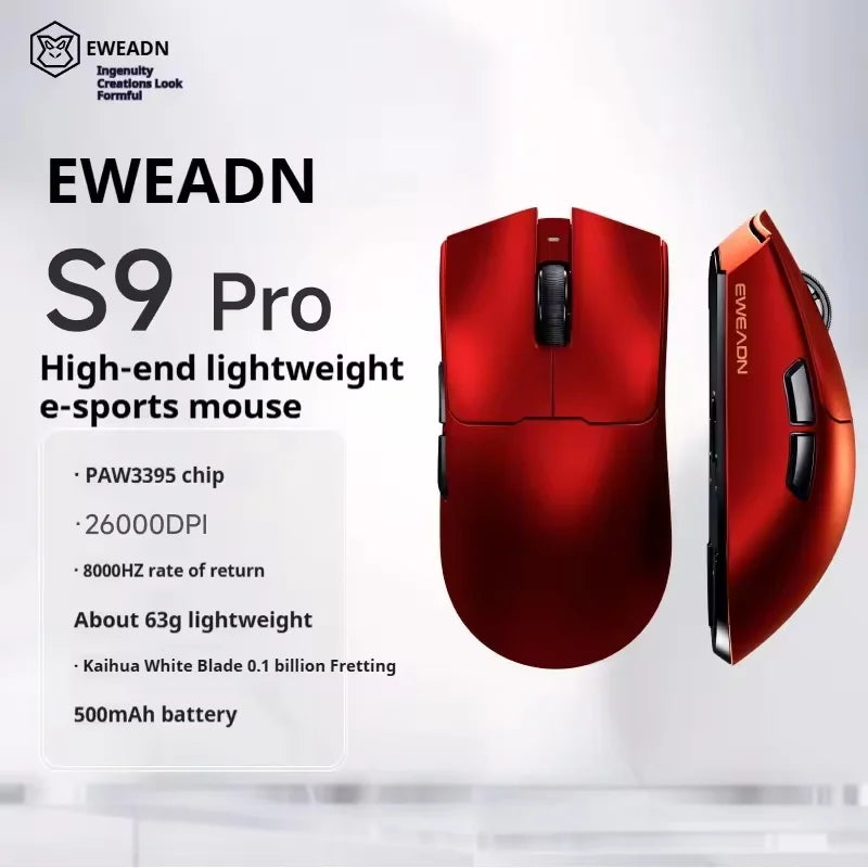 EWEADN S9 Pro Ultra Lightweight Wireless Gaming Mouse Tri-Mode Wireless Mouse 2.4G USB-CBT 8K Polling 26K DPI PAW3395 Mice