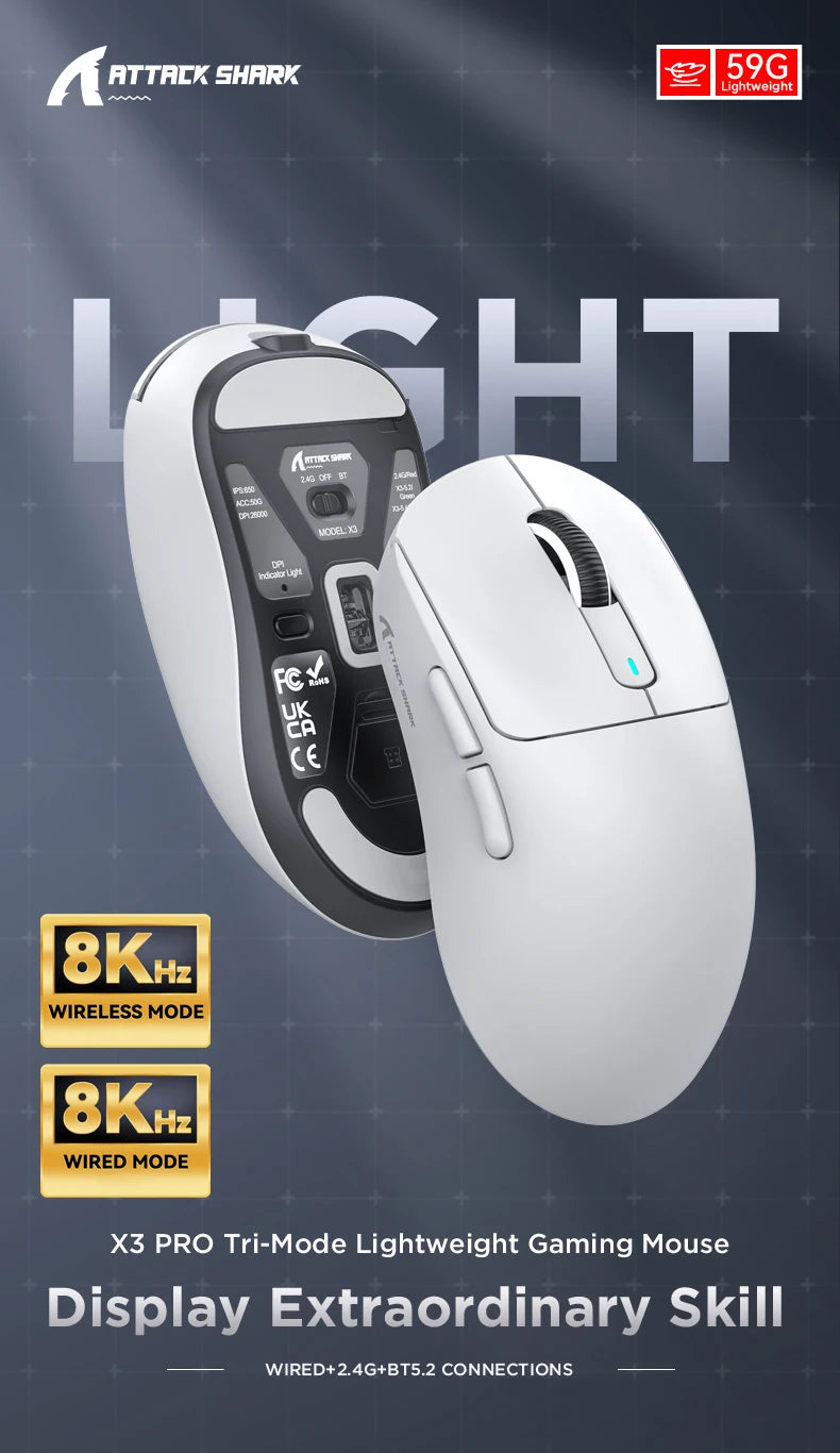 Attack Shark X11 X6 X3 R1 Wireless Gaming Mouse, RGB, Ergonomic, Macro Functions, Ultra-Light, Tri-Mode Bluetooth 2.4G Wired