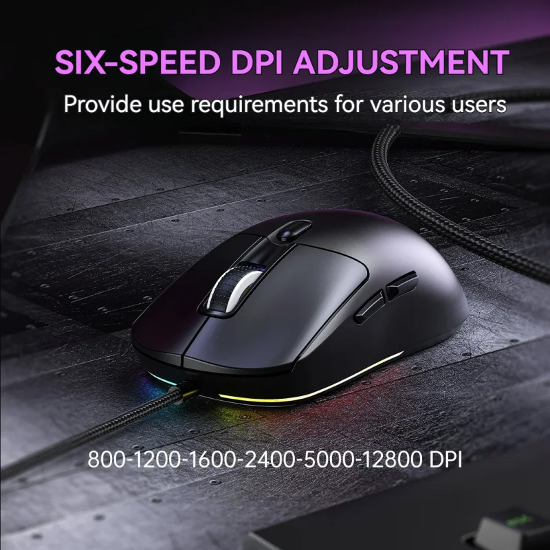 Wired Game Mouse 6 Levels DPI Adjustable Up to 12800DPI Instant A825 Chip RGB Macro Programming Ergonomic Design Universal Mouse