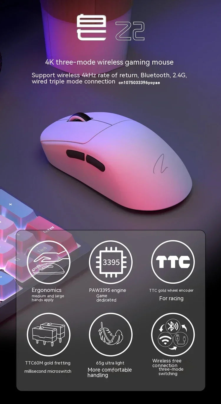 Zaopin Z2 Wireless Mouse 3 Mode Paw3395 4k Return Lightweight ESports Mouse Custom Computer Gaming PC Gamer Accessory Mice Gifts