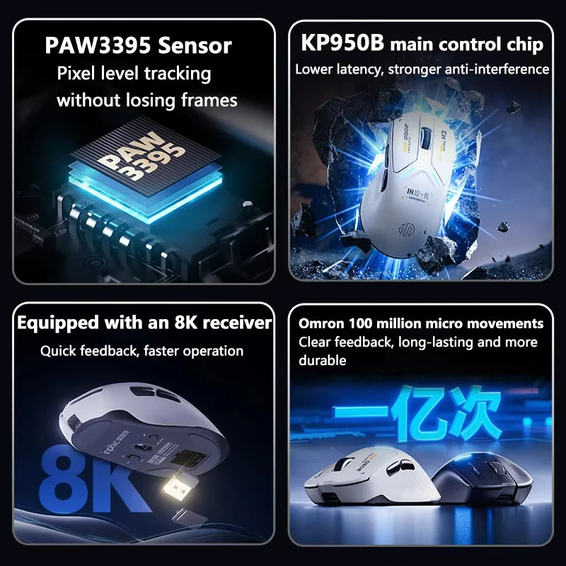 INPHIC IN10R Wireless Three-mode 8K Gaming Mouse PAW3395 Sensor Nano-scale Ice-feeling Coating 800mAh Lightweight Mouse