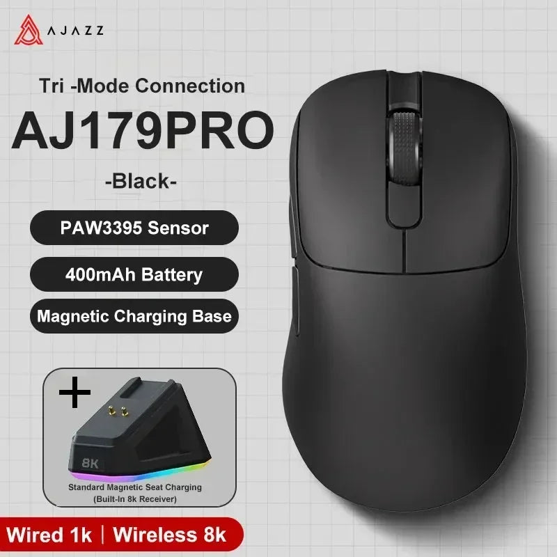 AJAZZ AJ179 PAW3395 Gaming Mouse Lightweight Wired Wireless Mouse with Magnetic Charging Base Ergonomic Macro for PC Laptop
