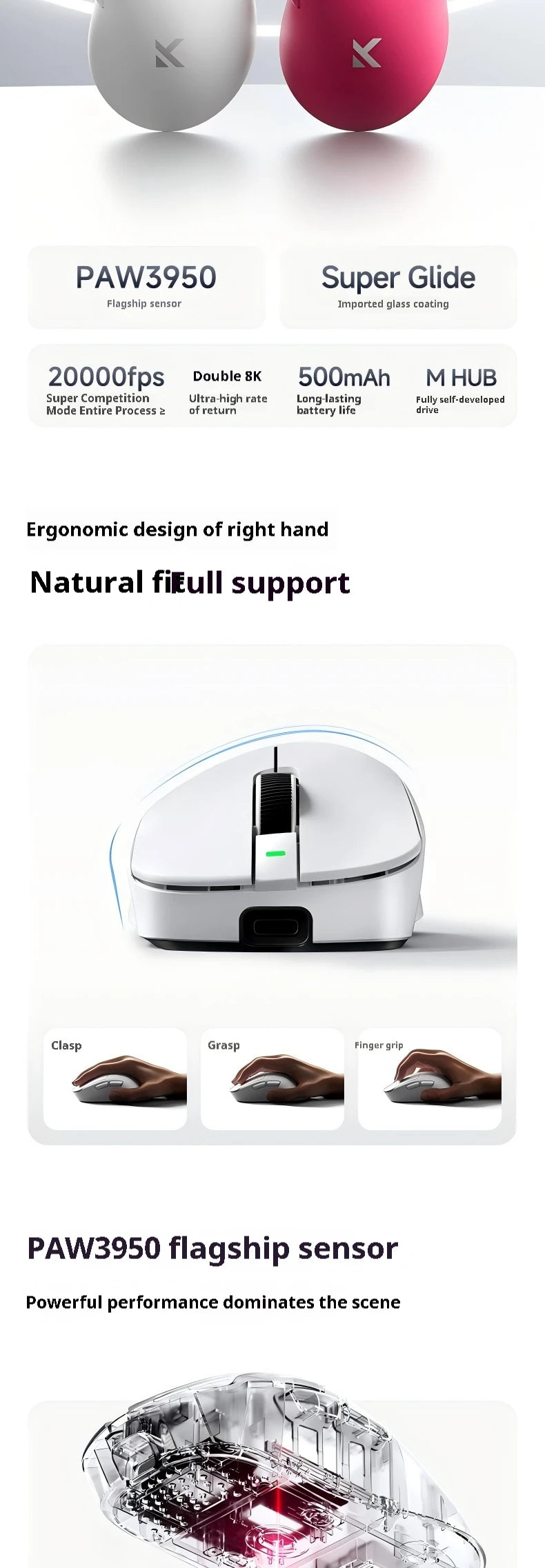 Mchose A7 Ultra RE Gaming Mouse Tri Mode Wireless Mouse 500mah Paw3950 Lightweight Ergonomic  42000 Dpi 8000hz For Pc Accessory