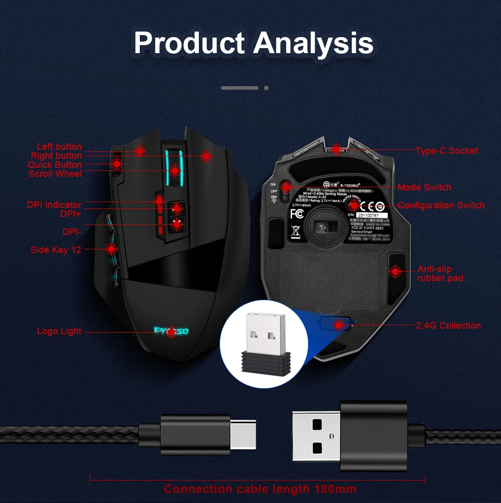 E-YOOSO X-33 RGB USB 2.4G Wireless Gaming Mouse 16000 DPI 16 buttons Programmable game Optical mice for Computer PC Laptop