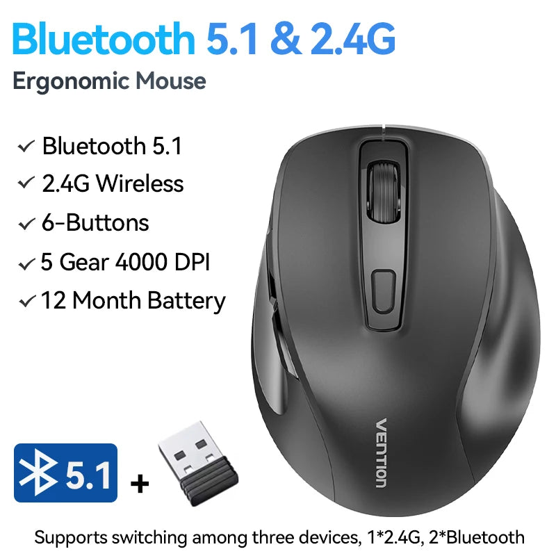 Vention Wireless Bluetooth 5.1 Mouse USB 2.4G Dual-Mode Ergonomic 4000 DPI 6 Buttons Mouse for MacBook Tablet Laptop PC Mice
