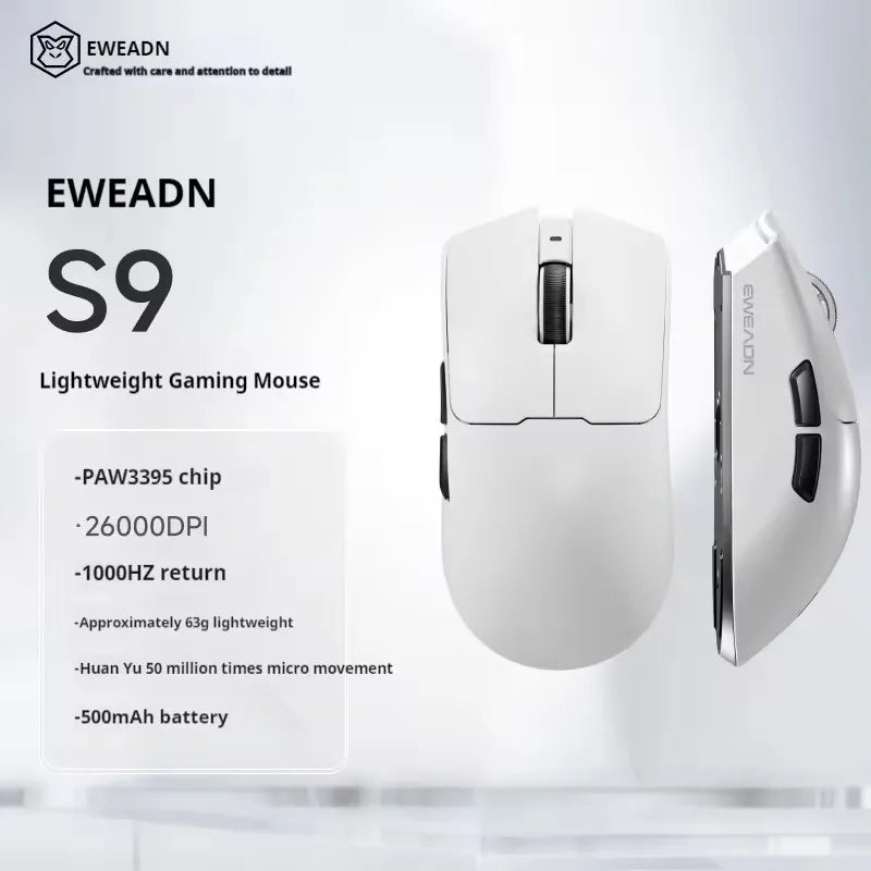 EWEADN S9 Pro Ultra Lightweight Wireless Gaming Mouse Tri-Mode Wireless Mouse 2.4G USB-CBT 8K Polling 26K DPI PAW3395 Mice