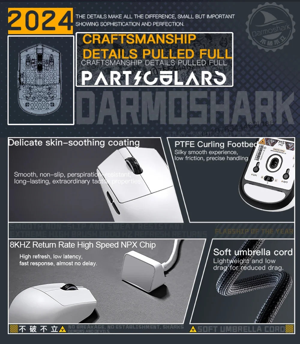 Darmoshark  M5 Pro Mouse PAW3950 Wireless 8K Bluetooth Tri-Mode Connection Gaming Macro Mouse 30000DPI N52840 38g Lightweight