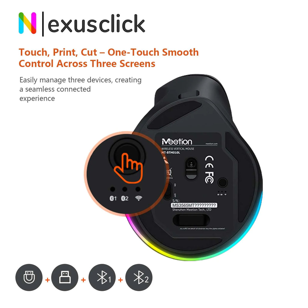 Meetion Mishen Left-Handed Ergonomic Vertical Wireless Mouse Black Light Version Rechargeable Btm010 DPI 2400 Bluetooth