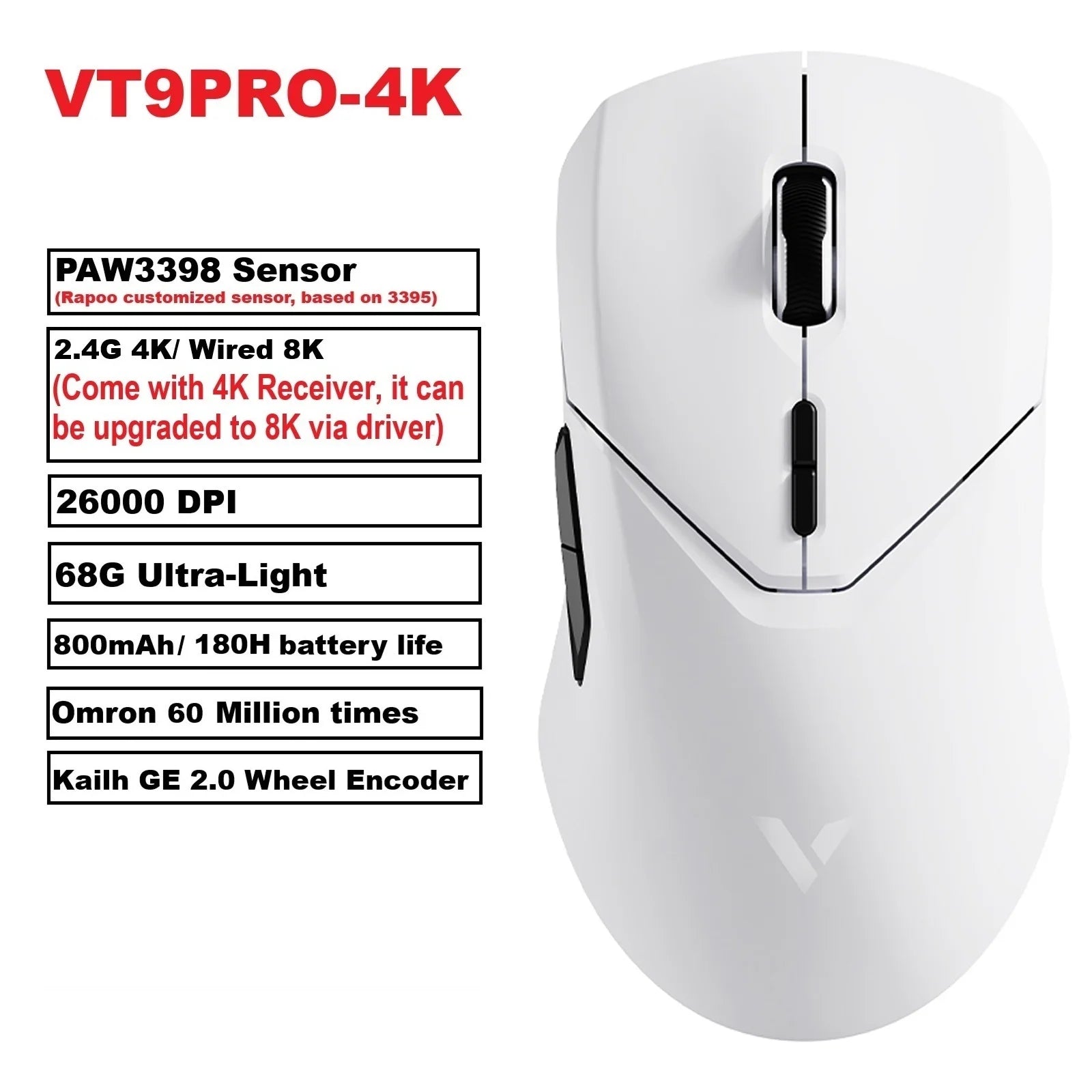 Rapoo VT9PRO Wireless Gaming Mouse Esports Grade 68g Ultra-Light 26000DPI 8 Buttons Optical PAW3398 Computer Mouse For Laptop PC