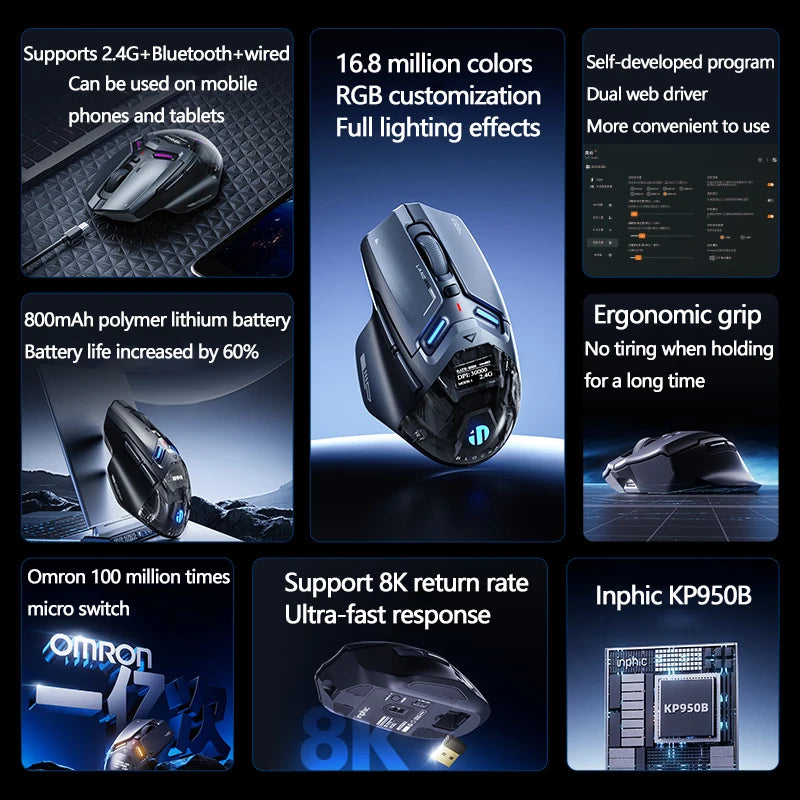 Inphic IN9 Ultra Gaming Mouse PAW3950 Sensor Vibration Feedback OLED Screen Intelligent Display Wireless Mouse Boyfriend's Gift